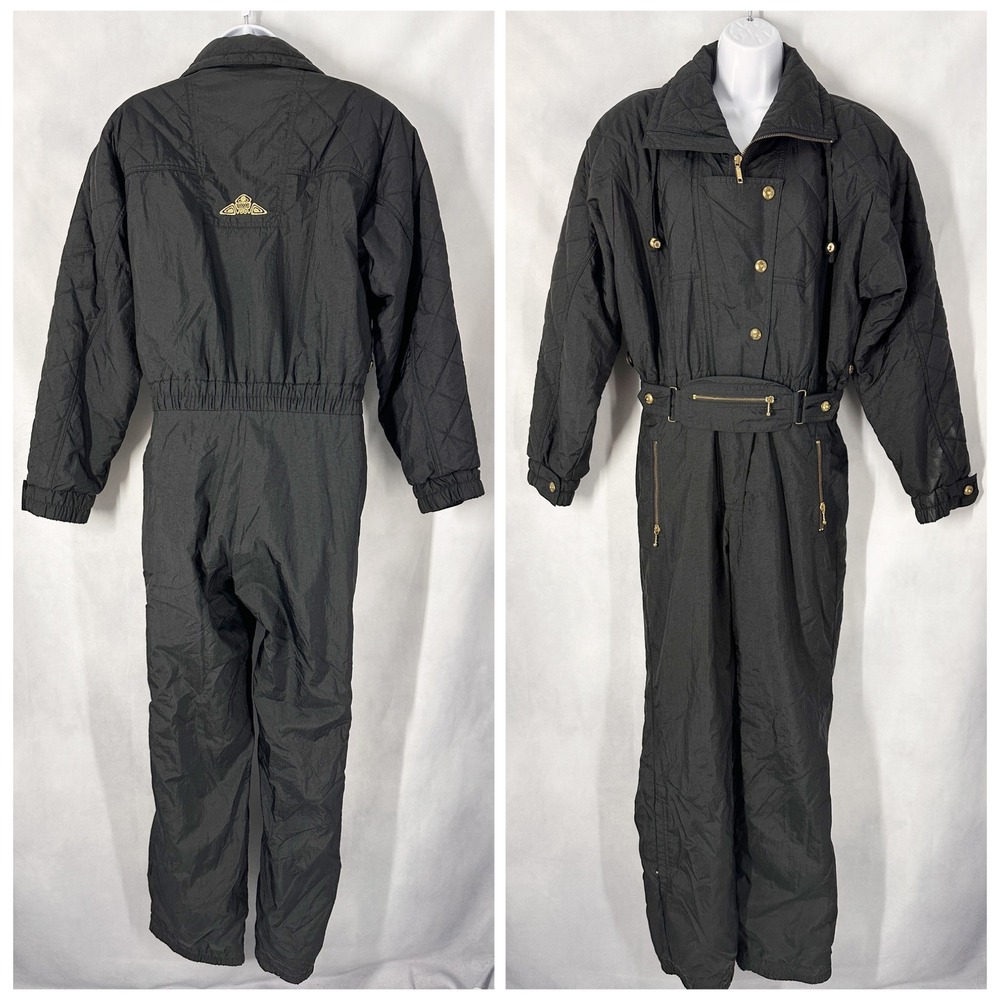80s Fera Skiwear Black Quilted Gold Accents Ski Suit One Piece Womens Size 8